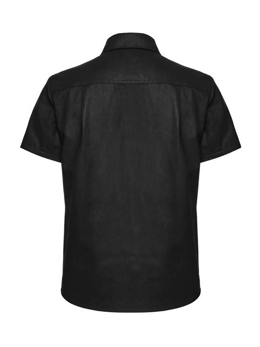 Iron Web Men's Short Sleeve Shirt Black men's short sleeve shirt shown from the back with collar and button front.