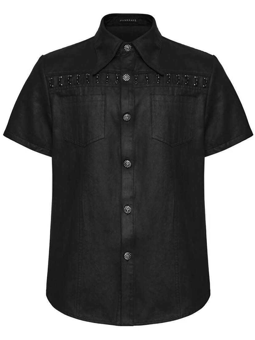 Iron Web Men's Short Sleeve Shirt Black short sleeve button-up shirt with collar and chest pockets