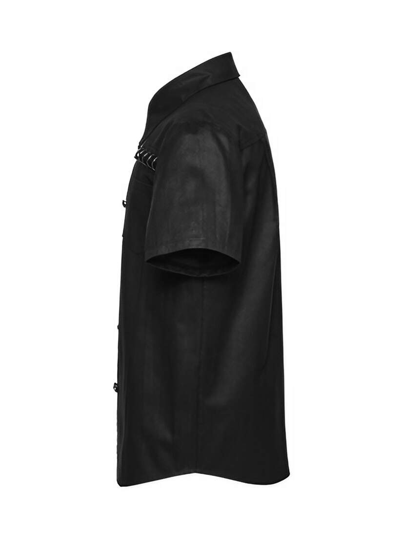 Iron Web Men's Short Sleeve Shirt Black short sleeve men's shirt shown in side view with a collar and button front