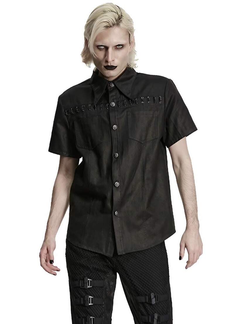 Iron Web Men's Short Sleeve Shirt Men's black short sleeve button-up shirt with chest pockets and slim fit.