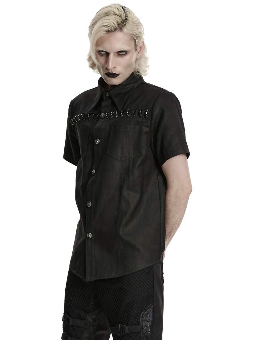 Iron Web Men's Short Sleeve Shirt Black short sleeve button-up shirt with chest details, worn by a man standing sideways.
