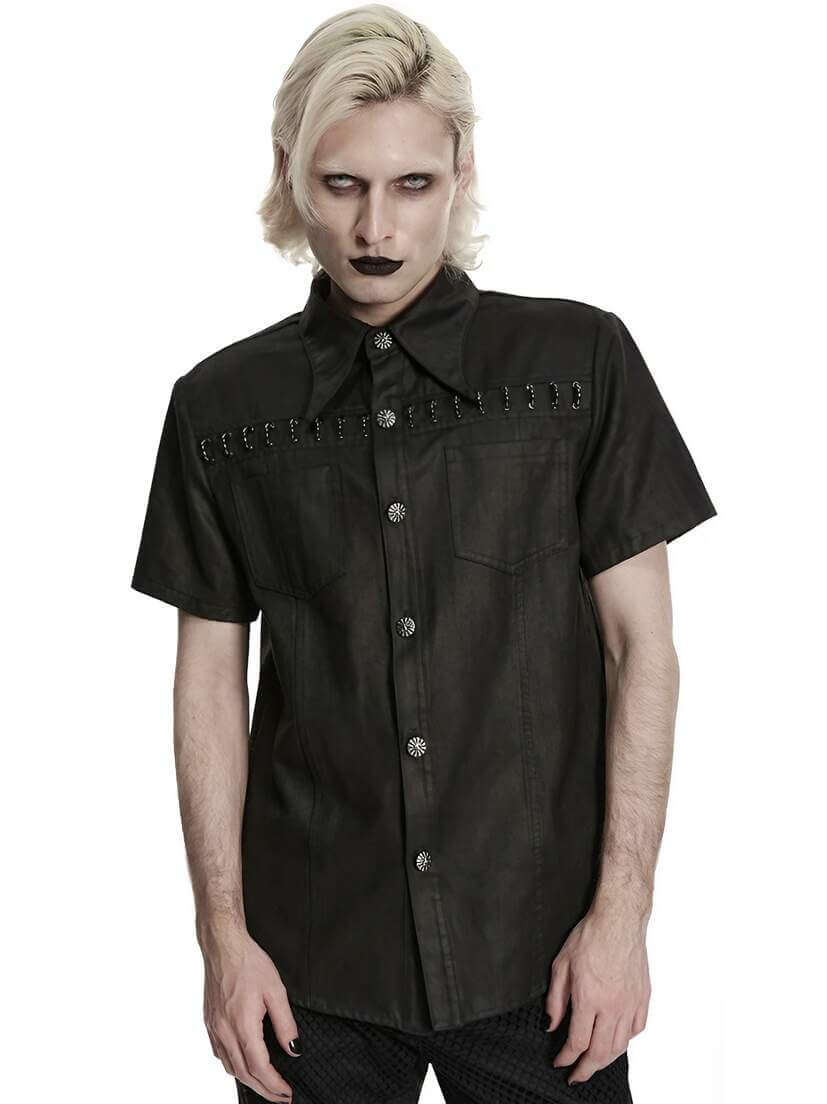Iron Web Men's Short Sleeve Shirt Black short sleeve button-up shirt worn by a person against a white background