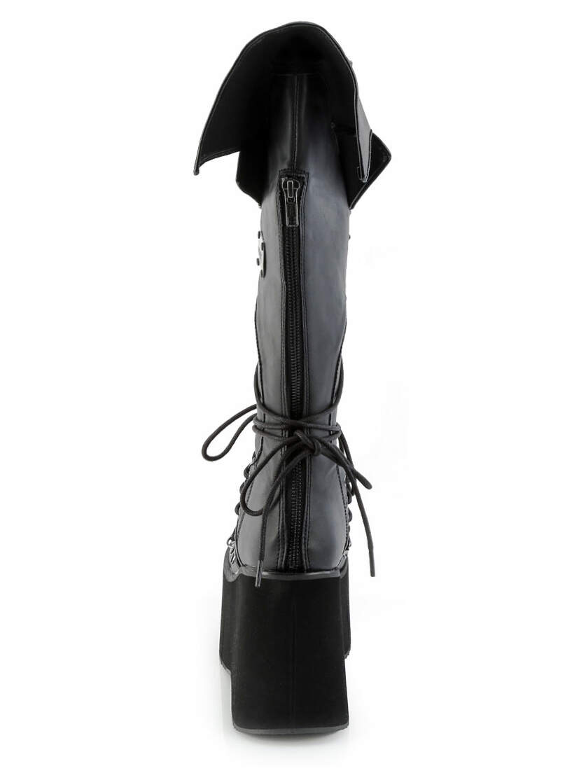 Front view of KERA-203 knee-high gothic platform boots in black with lace-up front and chunky sole