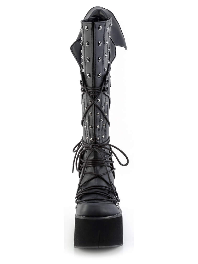Front view of KERA-203 knee-high gothic platform boots in black with cone spikes and laced front