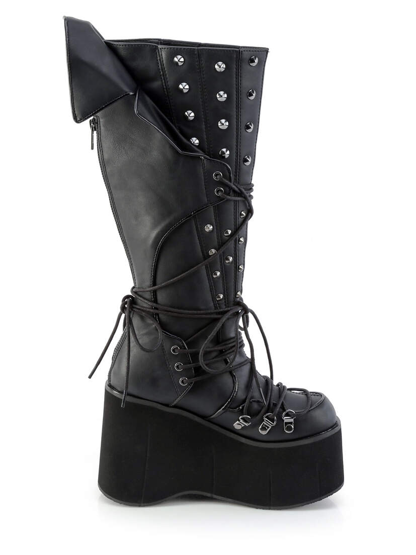 Front view of KERA-203 knee-high gothic platform boots in black with cone spikes, front lacing, and side zip