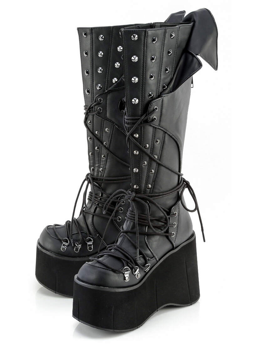 KERA-203 knee-high gothic platform boots in black with cone spikes, front lacing, and side zipper