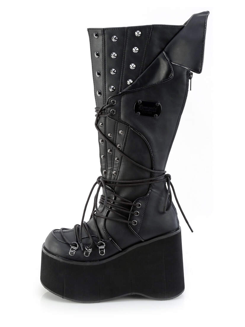 KERA-203 knee-high gothic platform boots in black with metal eyelets, front lacing, and side zip