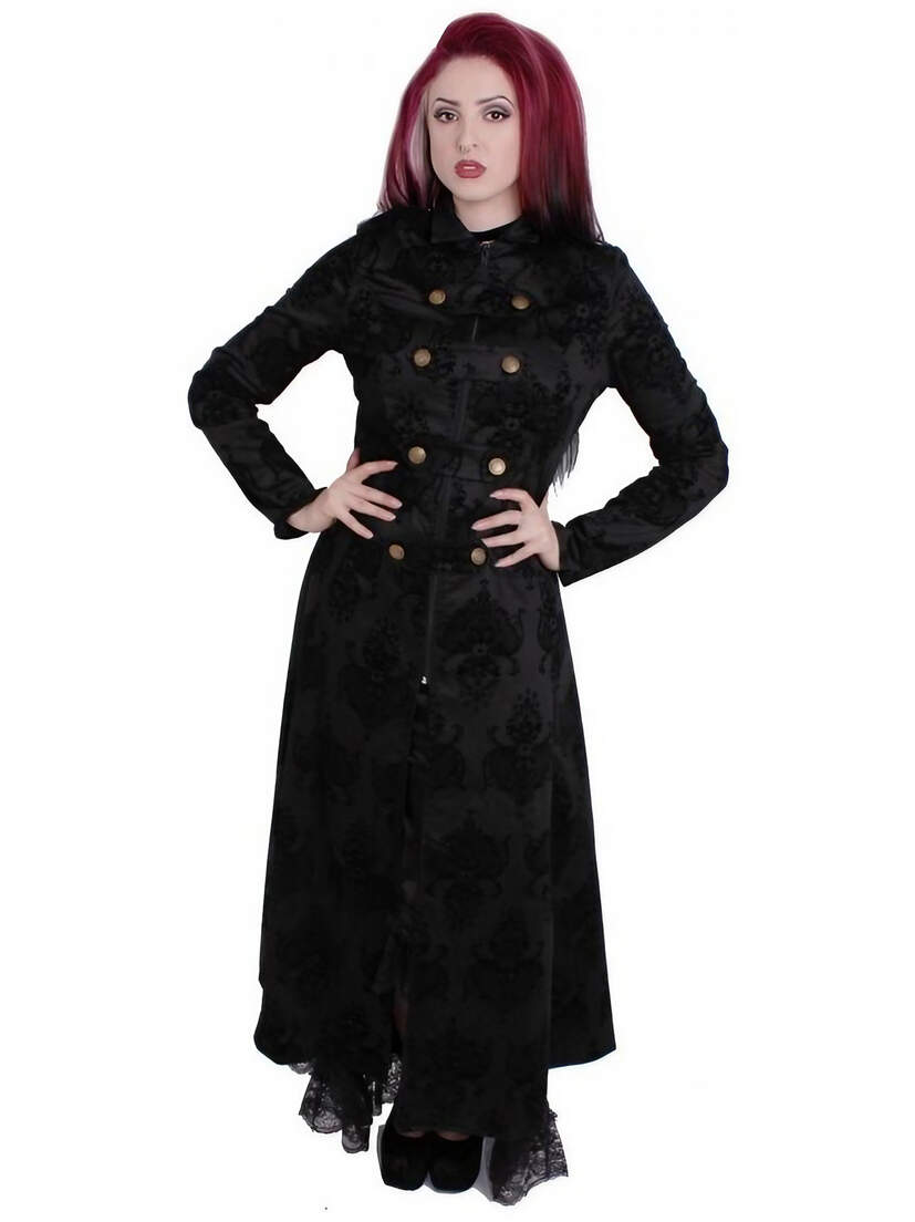 Full-length view of Kiara Military Coat in black with double-breasted buttons and belt, worn by a model