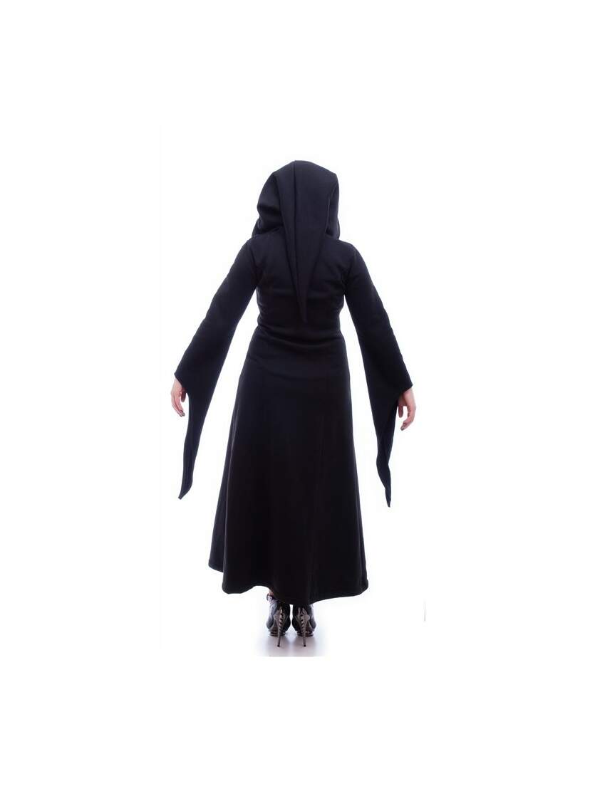 Lilith Gothic Hoody Coat Back view of Lilith Gothic Hoody Coat in black with pointed hood and long flared sleeves