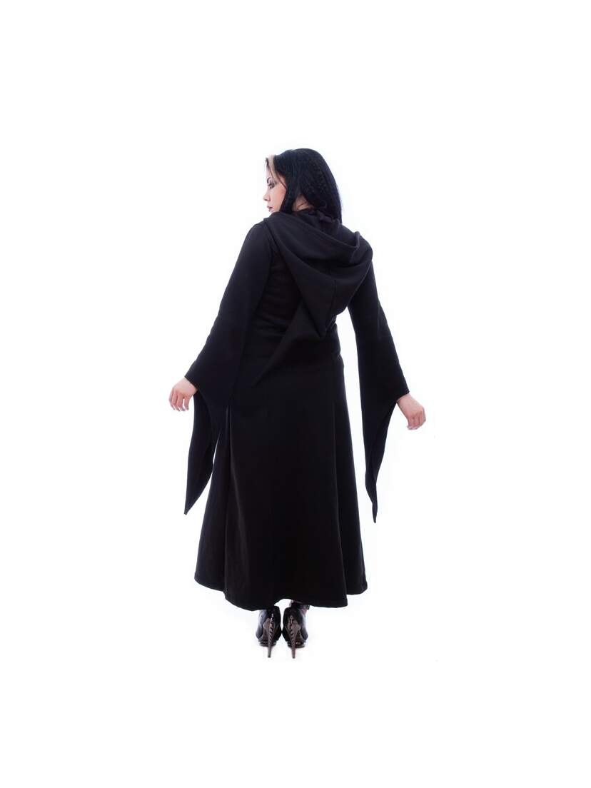 Lilith Gothic Hoody Coat Back view of Lilith Gothic Hoody Coat in black with pointed hood and long draped sleeves
