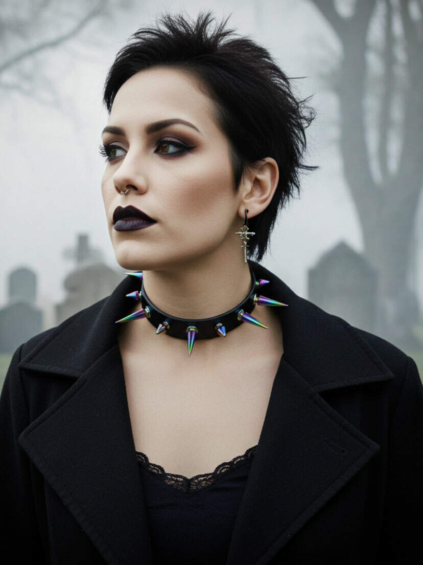 A model wearing a multi colored long short spike choker with a black outfit and dark makeup.