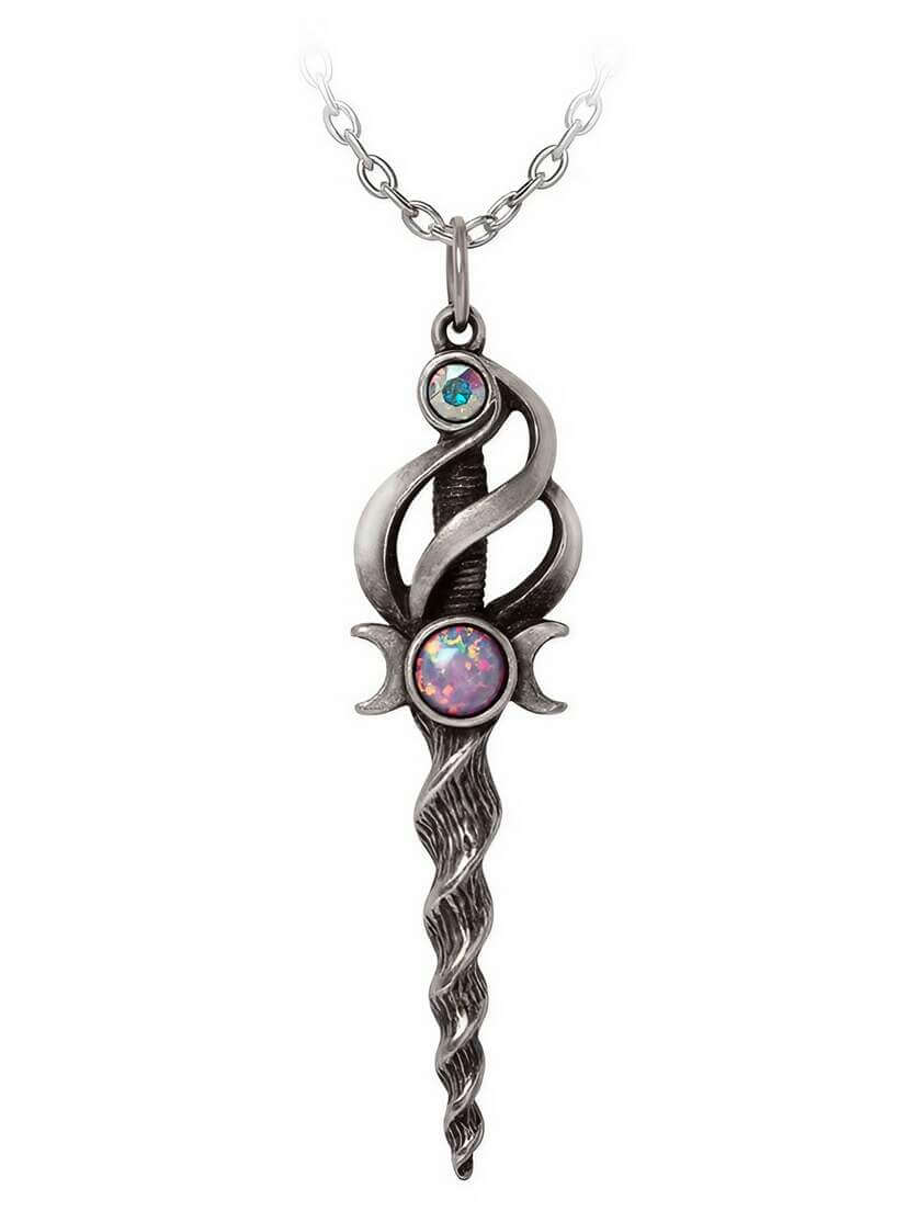 Lunacorn Wand Pendant Gothic Necklace Gothic necklace featuring a wand pendant with a twisted design and colorful gemstones.
