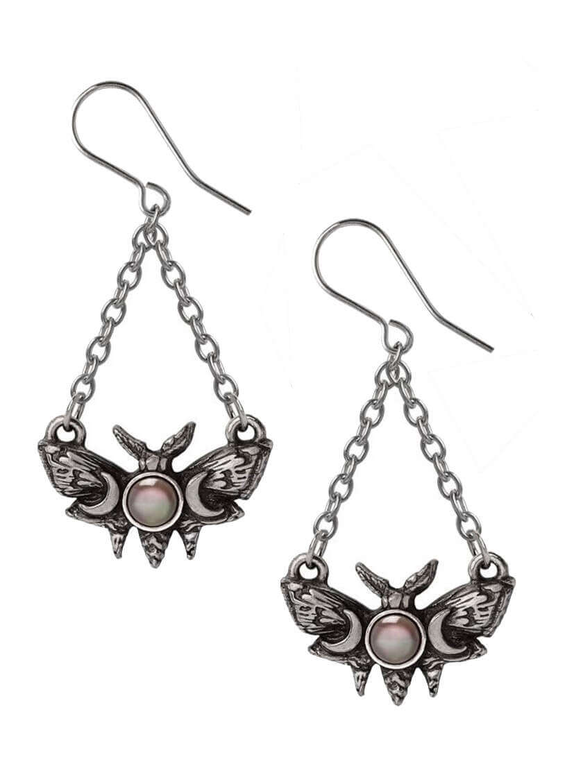 Lunar Moth Dropper Earrings Silver drop earrings featuring a lunar moth design with a central stone and chain detail.
