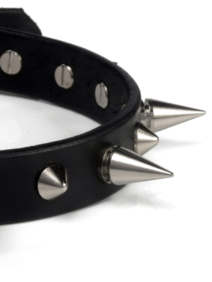 Love Bites Leather Choker Black leather choker with silver cone spikes and metal studs on a white background