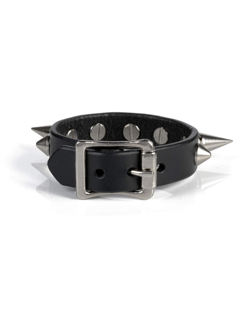 Mad-Dog Spiked Leather Wristband Black leather wristband with metal buckle, studs, and pointed spikes