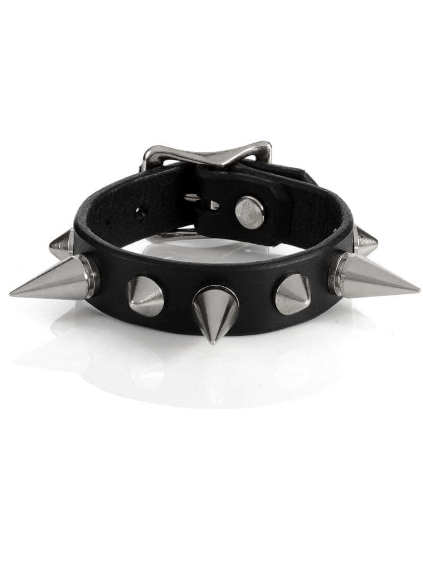 Mad-Dog Spiked Leather Wristband Black leather wristband with silver spikes and round metal studs