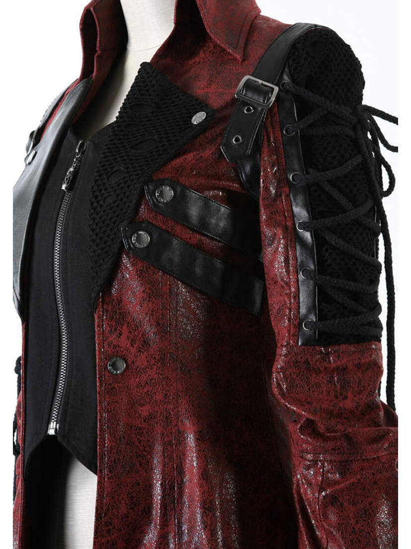 Men's Judgement Jacket front view in black and red leather with buttoned lapels