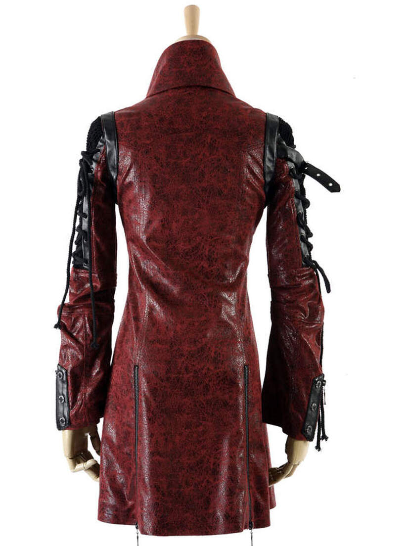 Back view of men’s burgundy Judgement Jacket with lace up sleeves and panel detailing