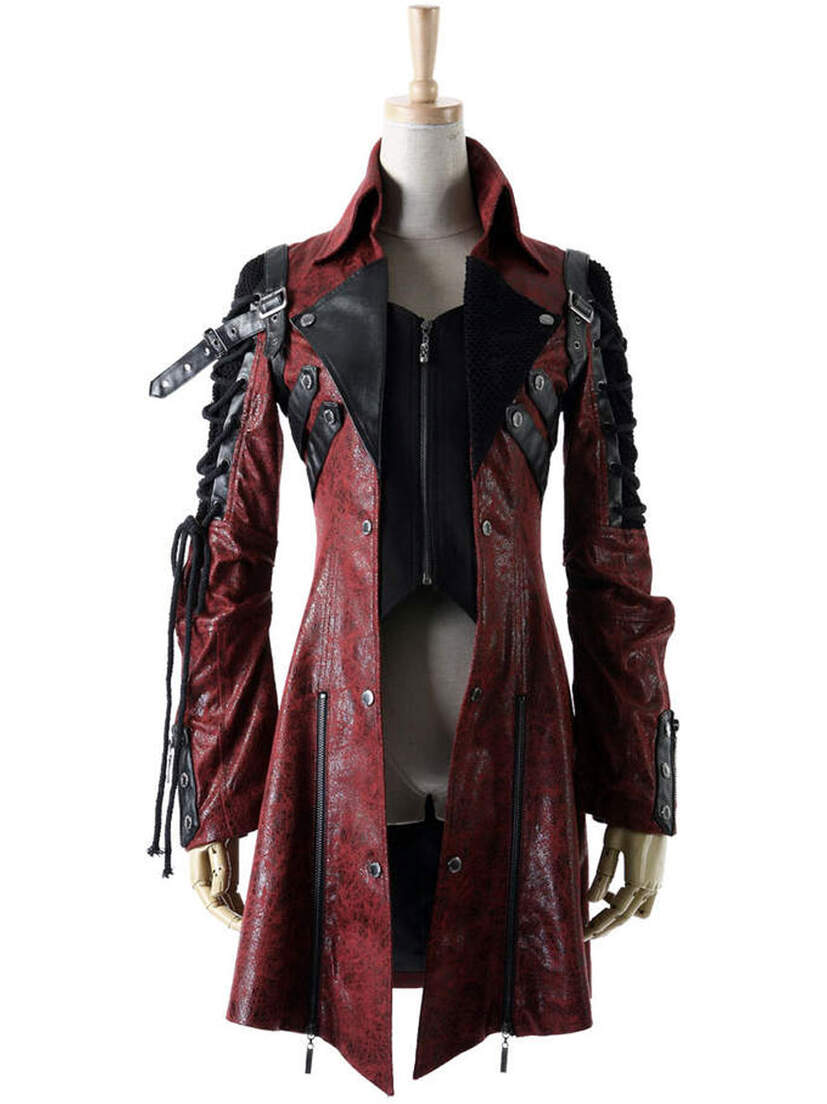 Men's Judgement Jacket front view on mannequin with dark red and black panel design