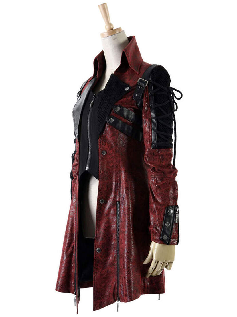 Men's Judgement Jacket side view on mannequin with maroon and black patterned panels