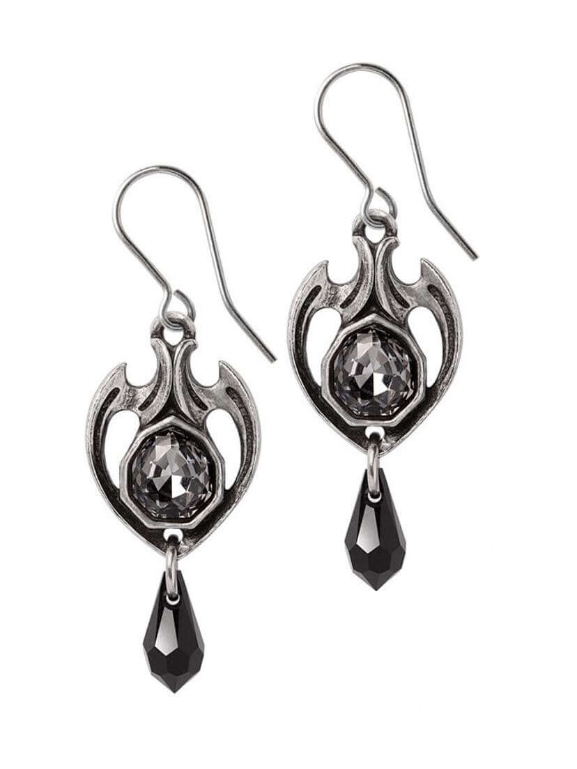Silver dropper earrings featuring a central crystal and a black teardrop pendant.