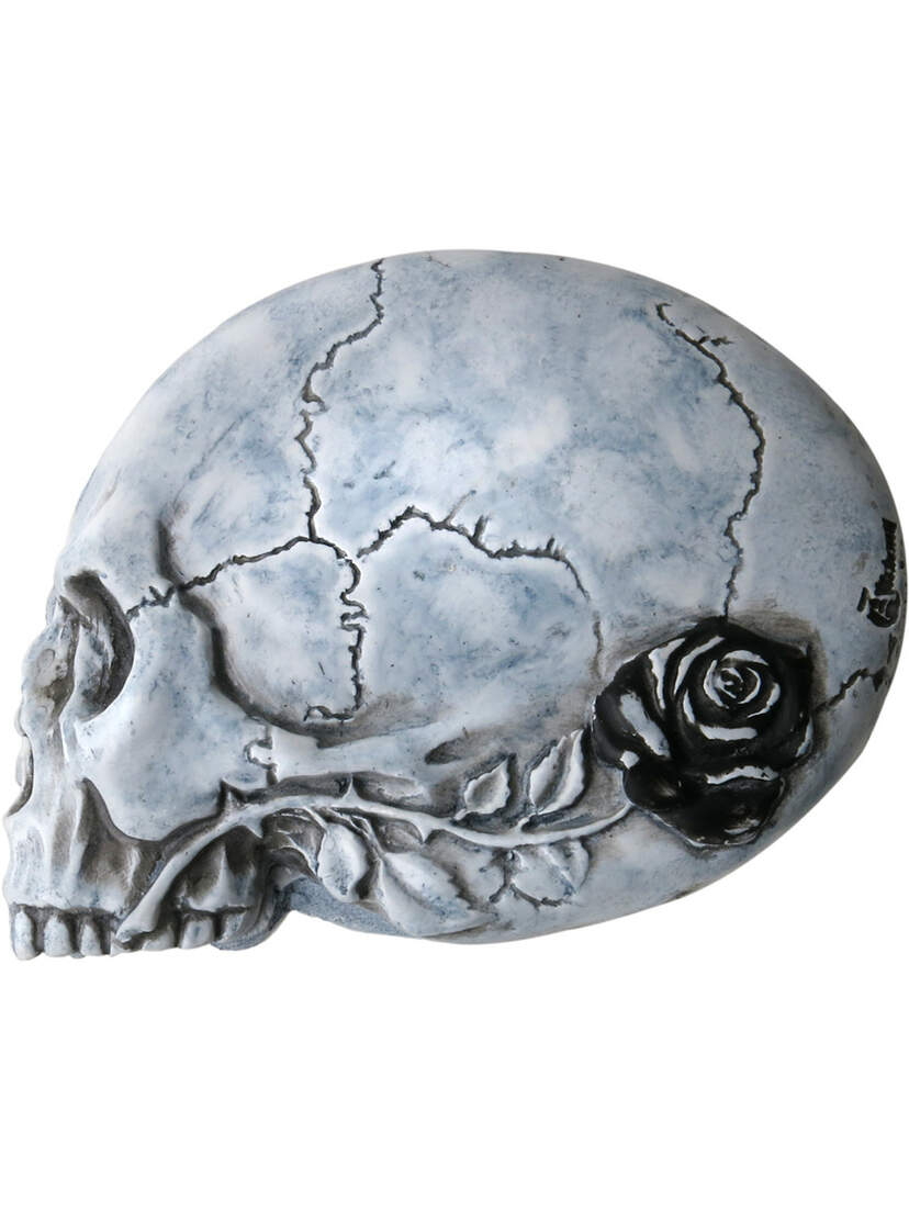 Close-up of Gothic Raven Nevermore Compact Mirror with a cracked skull design and black rose detail