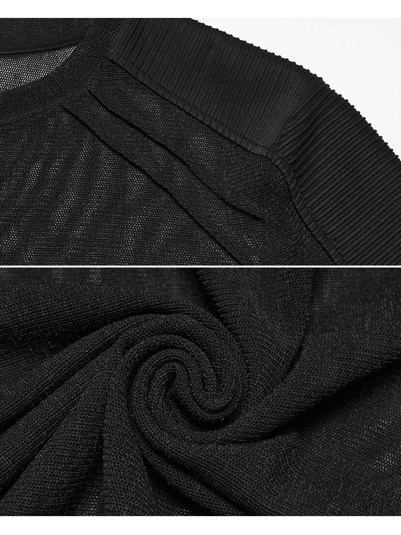 Nightfold Men’s Black Mesh Shirt Black mesh shirt fabric close-up with ribbed texture and a rolled knit detail
