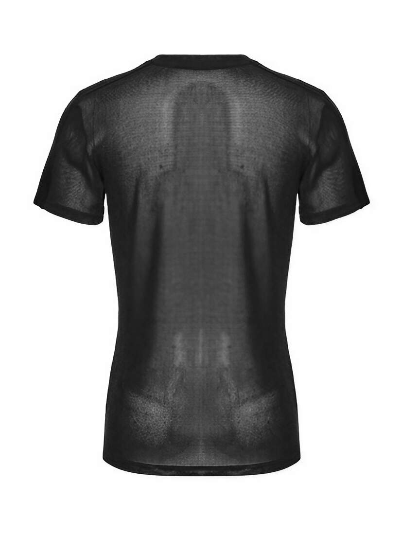 Nightfold Men’s Black Mesh Shirt Black mesh short sleeve shirt with crew neck and sheer back view