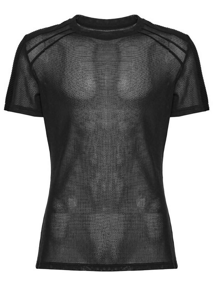 Nightfold Men’s Black Mesh Shirt Black mesh short sleeve shirt with sheer front, crew neck, and fitted cut
