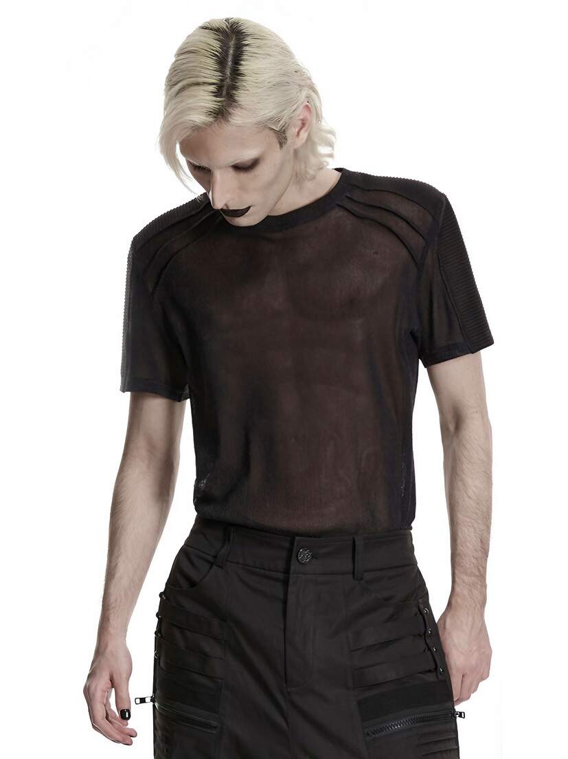 Nightfold Men’s Black Mesh Shirt Black mesh shirt on a model with short sleeves and sheer front panel.