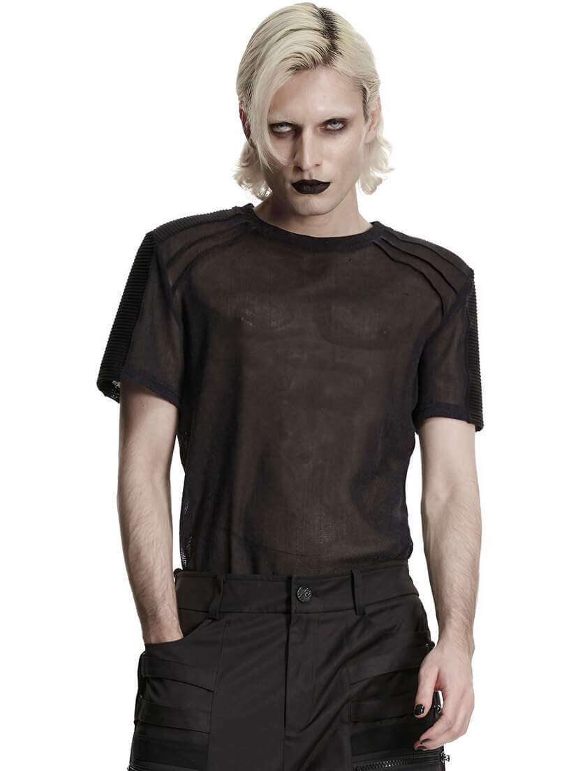 Nightfold Men’s Black Mesh Shirt Black mesh short sleeve shirt worn over a black undershirt on a model