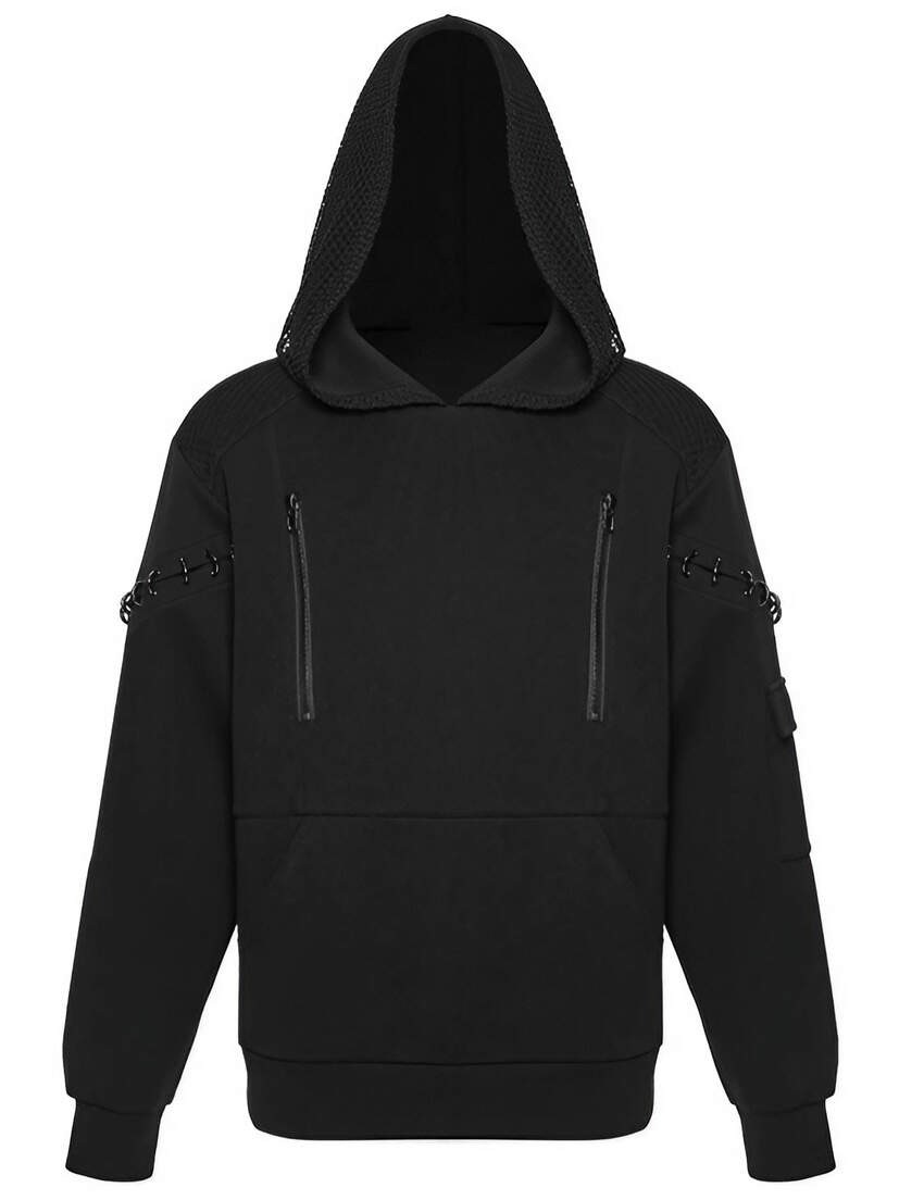Nightwire Pull-Over Hoodie Black pullover hoodie with front pocket, drawstrings, and long sleeves