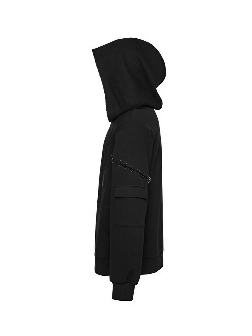 Nightwire Pull-Over Hoodie Black pullover hoodie with hood, long sleeves, and side cargo pockets on a white background