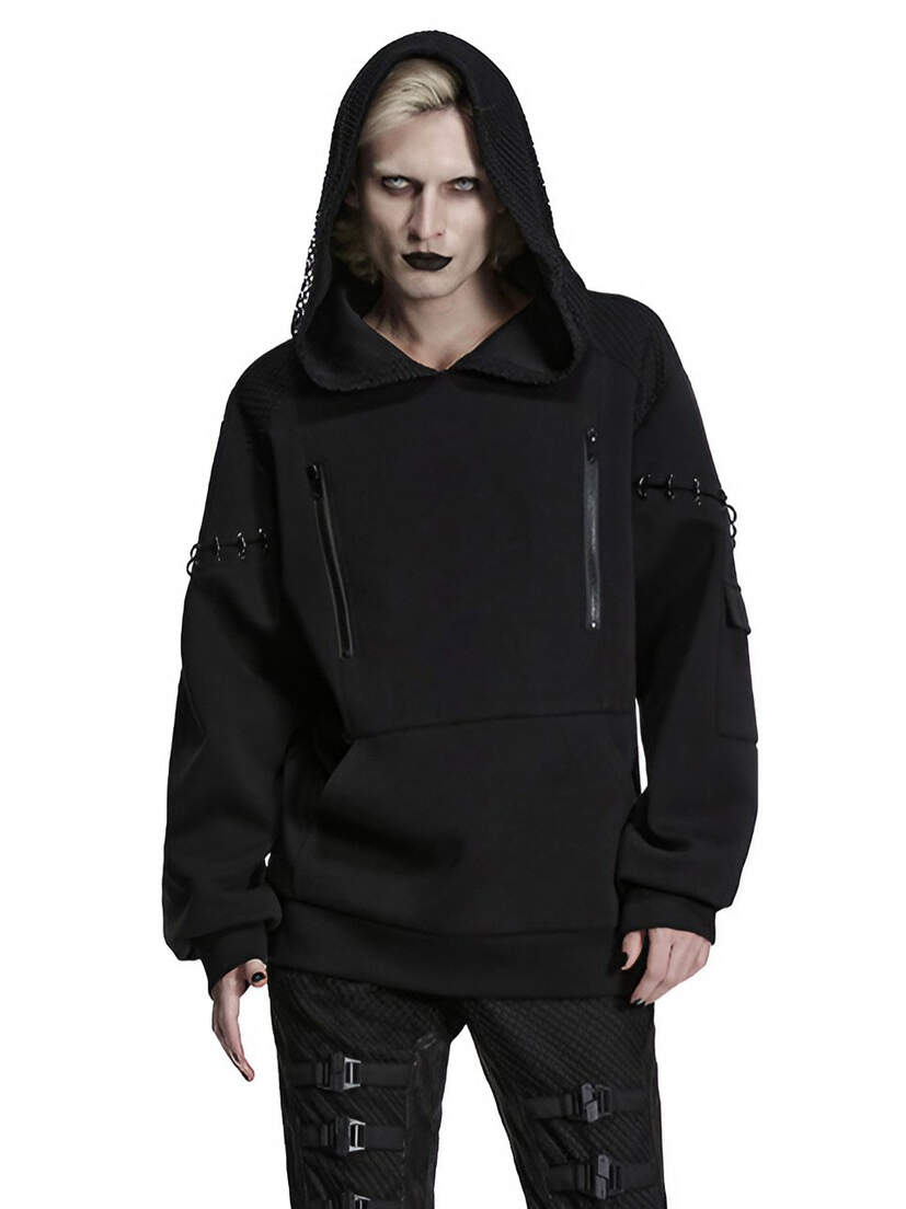 Nightwire Pull-Over Hoodie Black pull-over hoodie with hood up, long sleeves, and front pouch pocket on a model