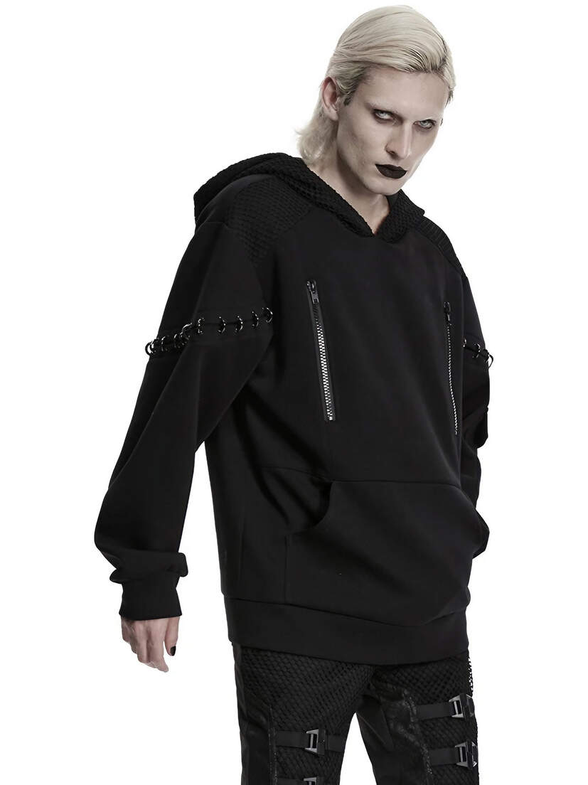 Nightwire Pull-Over Hoodie Black pull-over hoodie with long sleeves worn by a model against a white background