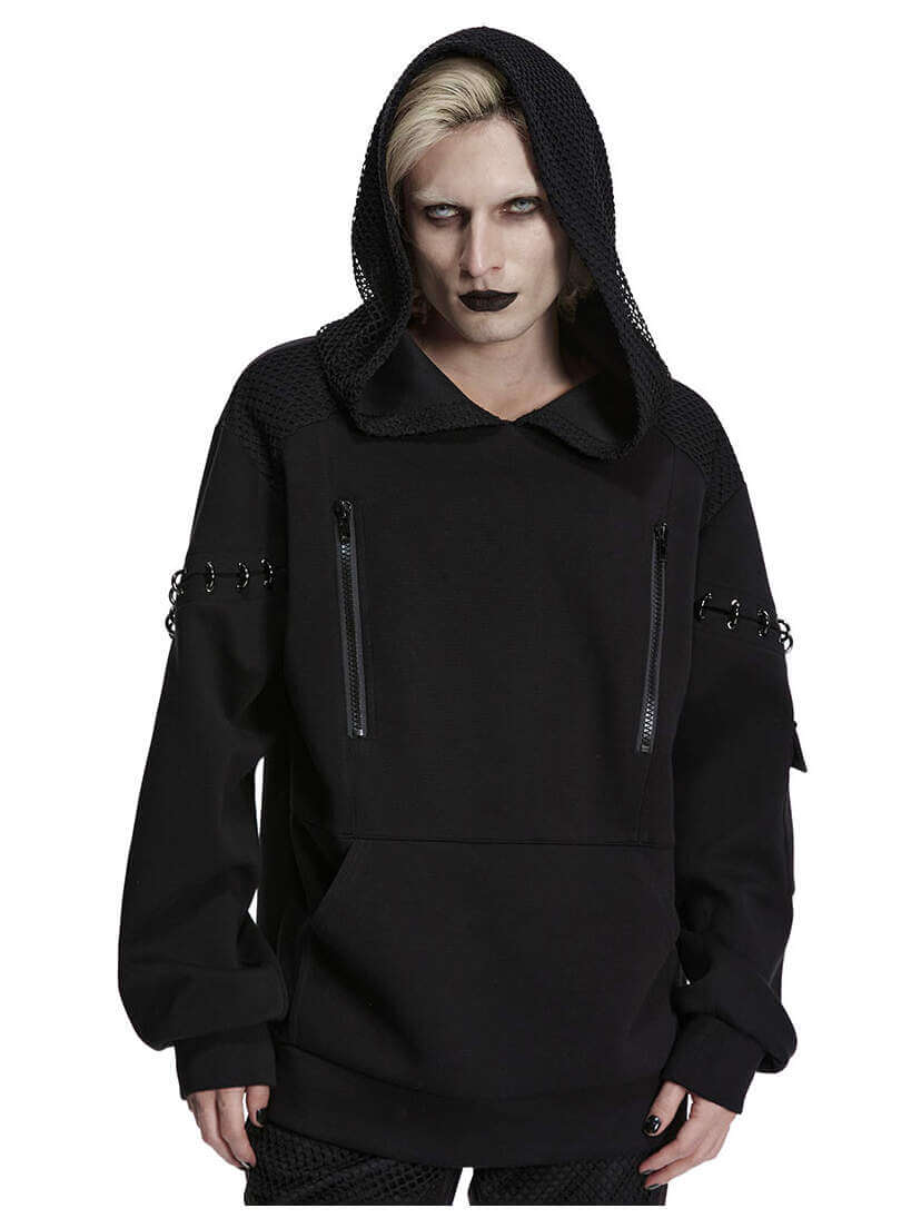 Nightwire Pull-Over Hoodie Black Nightwire pull-over hoodie with hood, front zippers, and long sleeves on a model