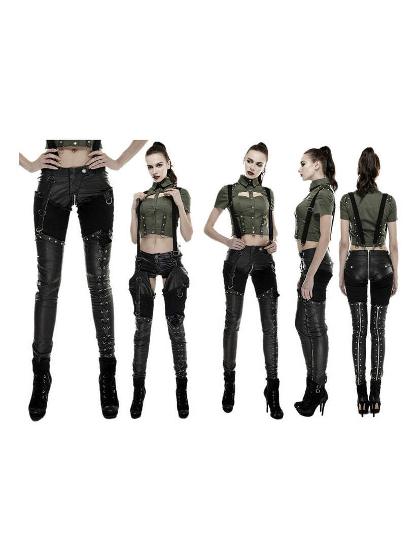 Nikita Detachable Pants in black with silver hardware, detachable legs, shown front, side, and back