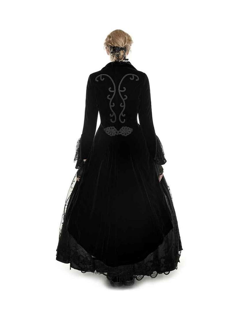 Back view of Paris Long Coat in black velvet with embroidered details and flared lace hem
