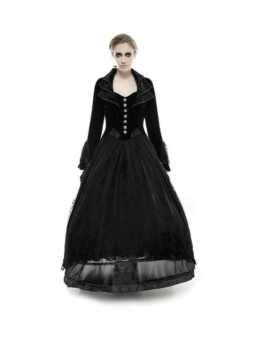 Front view of Paris Long Coat in black velvet with large collar, silver buttons, and flared lace cuffs