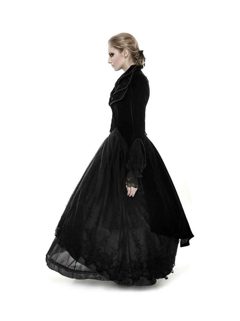 Left side view of Paris Long Coat in black velvet with flared skirt and lace-trimmed bell sleeves