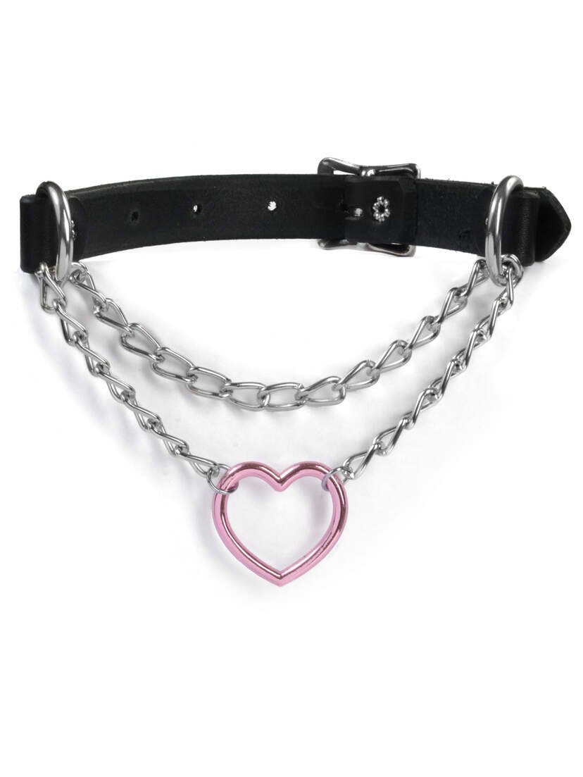 Pink Heart and Chain Pull Leather Choker