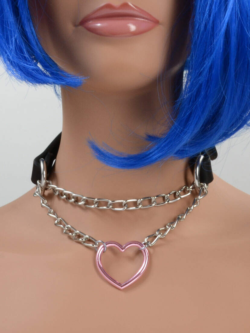 Pink Heart and Chain Pull Leather Choker