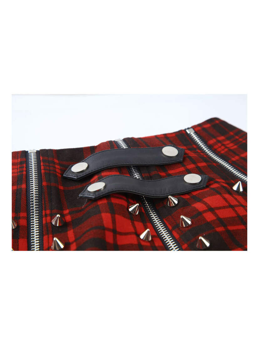 Close-up of Punk Rock Tartan Skirt in red plaid with silver cone studs, zippers, and black strap details