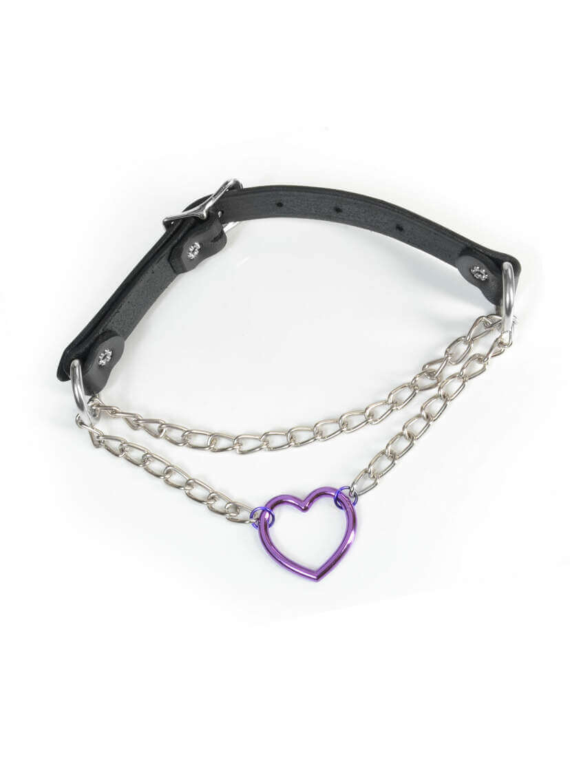 Purple Heart and Chain Pull Leather Choker