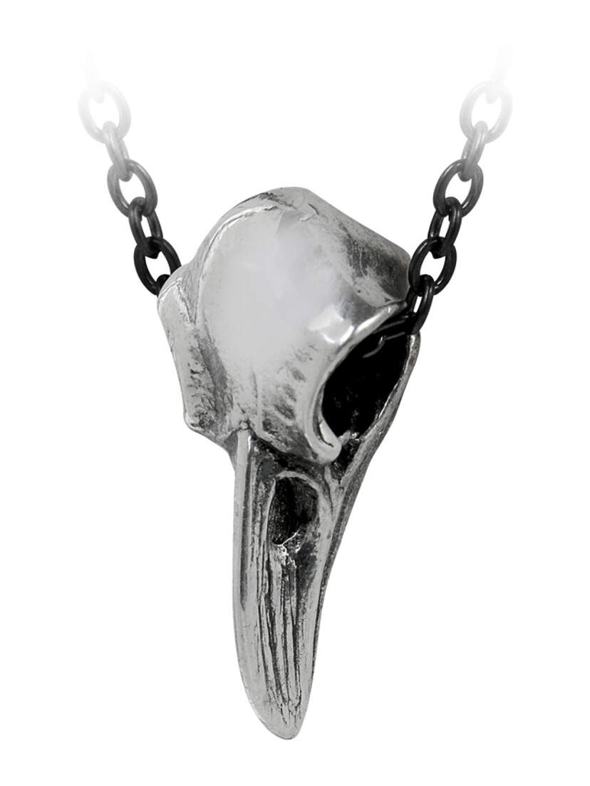 Close-up of Rabenschadel Klein Pendant featuring a metallic raven skull with detailed engravings on a chain