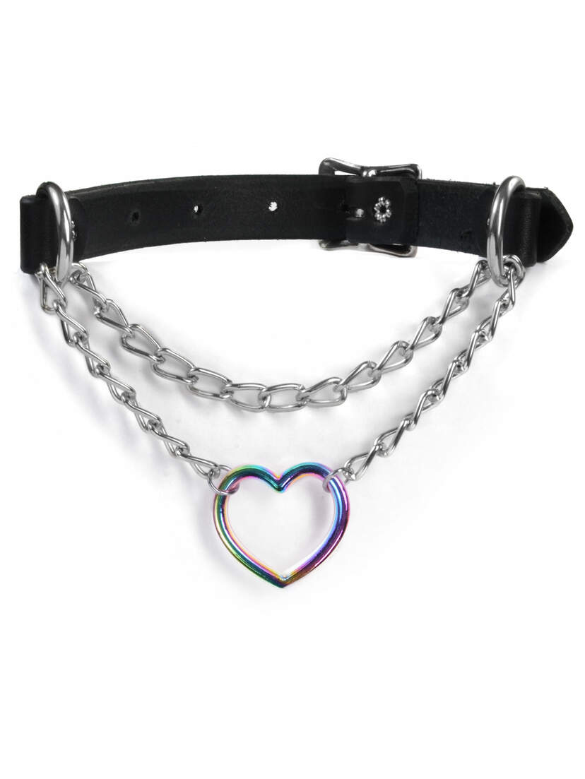 Rainbow Heart and Chain Slip Leather Choker