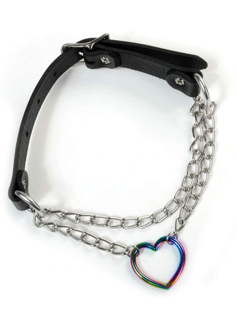 Rainbow Heart and Chain Slip Leather Choker