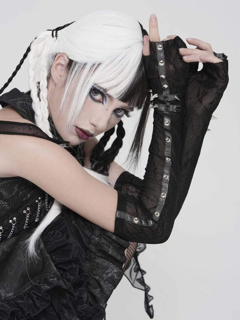 Ravenfall Black Mesh Gloves Model wearing black mesh gloves with long lace-up sleeves and chain details
