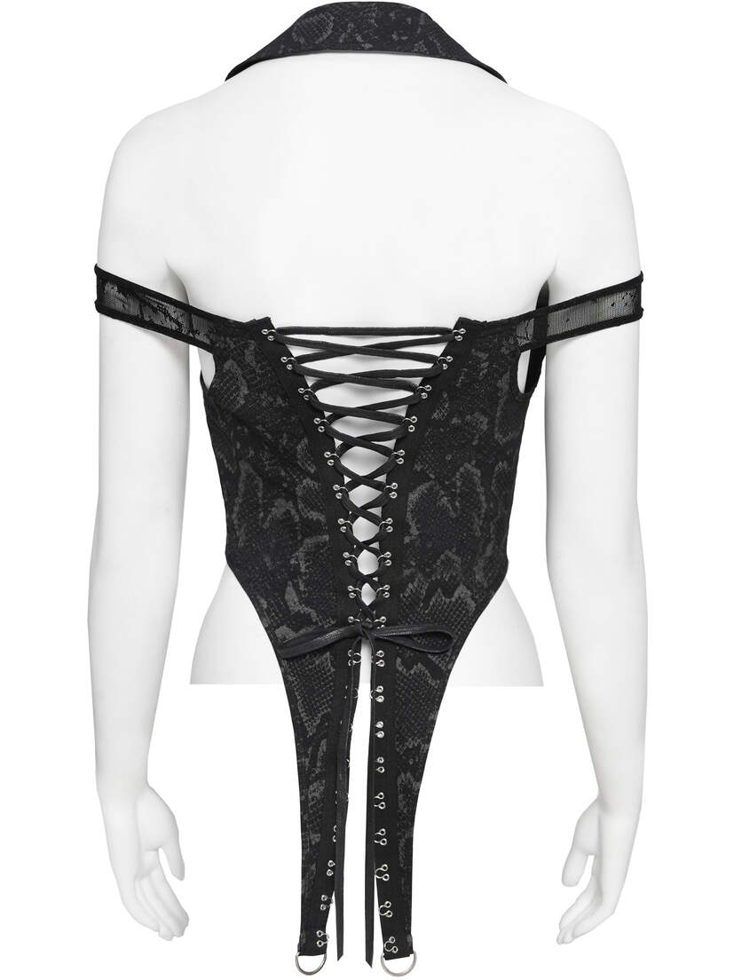 Ravenfall Chain Top Black lace chain top with crisscross back lacing, open back, and halter neck