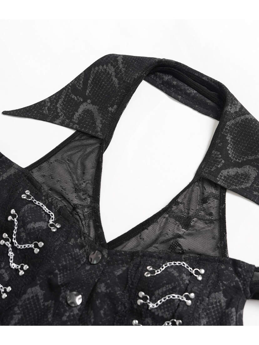 Ravenfall Chain Top Black gothic chain top with a deep V-neck, pointed collar, and silver chain details